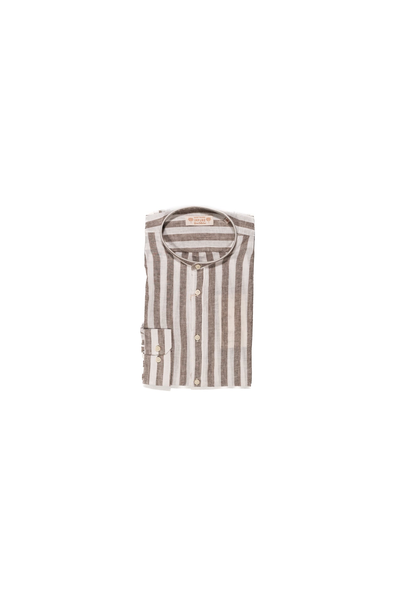 IMPURE Camicia Uomo a Righe Marrone in Misto Lino con Collo Coreano