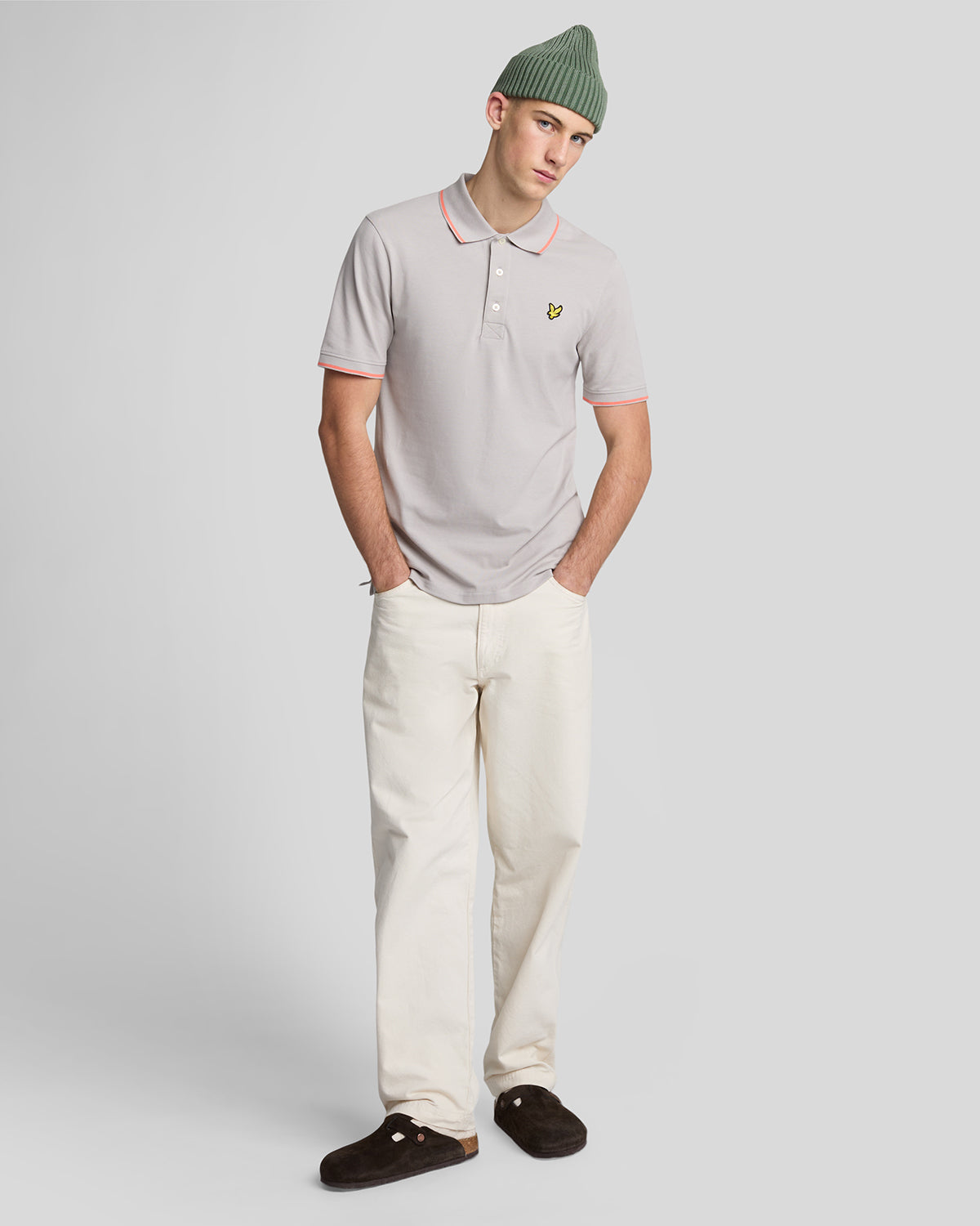 LYLE & SCOTT Tipped Polo Shirt Pale Grey/ Coral Stand