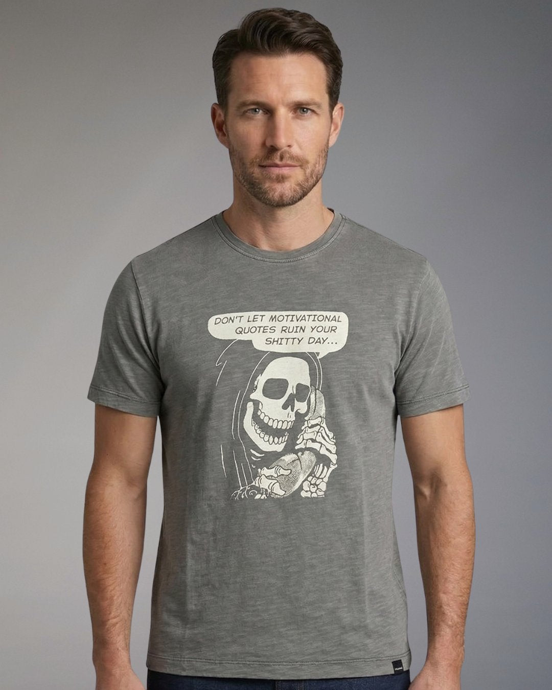 T-Shirt Uomo Homeward Grigia con Stampa Ironica Teschio "Death"