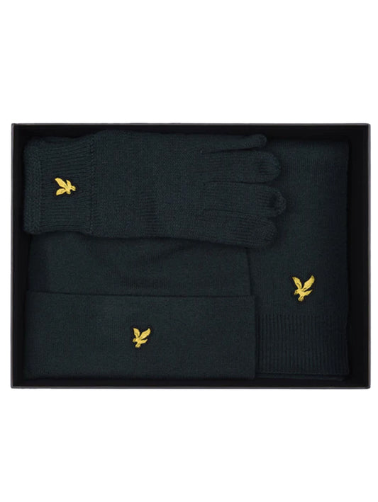 Lyle & Scott Set regalo da uomo Berretto Guanti e Sciarpa Verde Foresta GF2103A