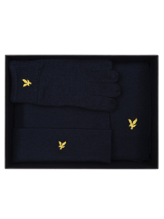 Lyle & Scott Set regalo da uomo Berretto Guanti e Sciarpa Blu Scuro GF2103A