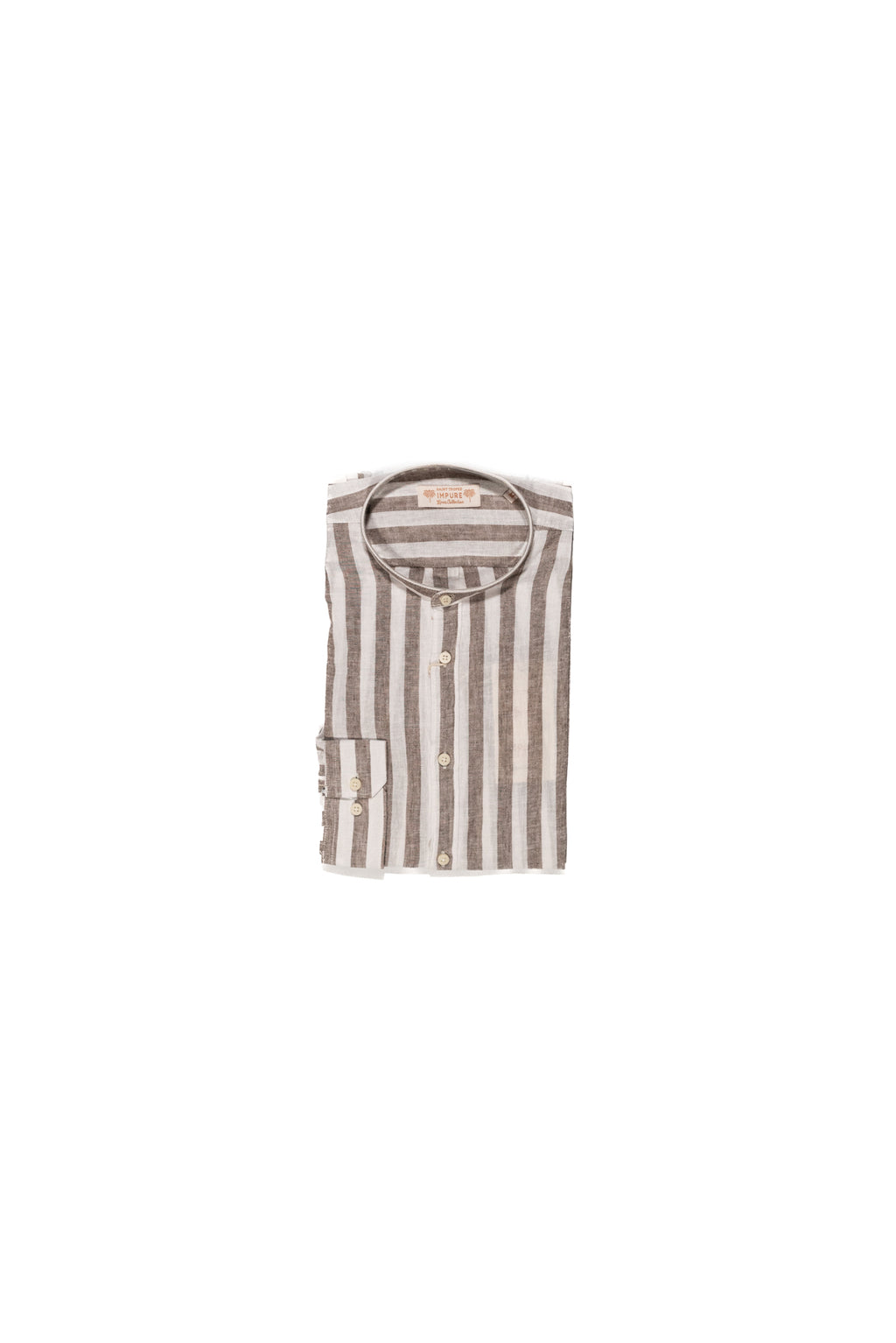 IMPURE Camicia Uomo a Righe Marrone in Misto Lino con Collo Coreano