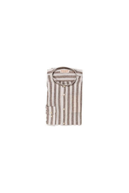 IMPURE Camicia Uomo a Righe Marrone in Misto Lino con Collo Coreano