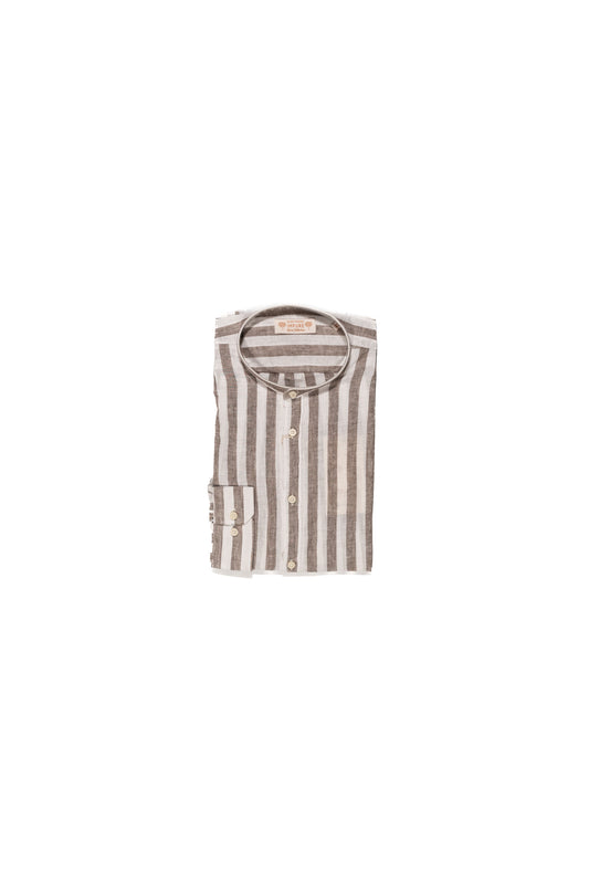 IMPURE Camicia Uomo a Righe Marrone in Misto Lino con Collo Coreano