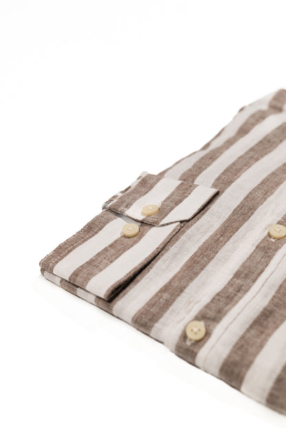 IMPURE Camicia Uomo a Righe Marrone in Misto Lino con Collo Coreano