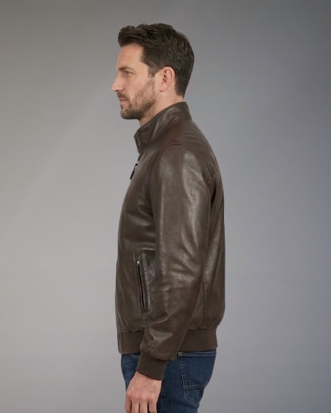 Giacca Bomber da Uomo Censured in Pelle Marrone con Collo in Piedi