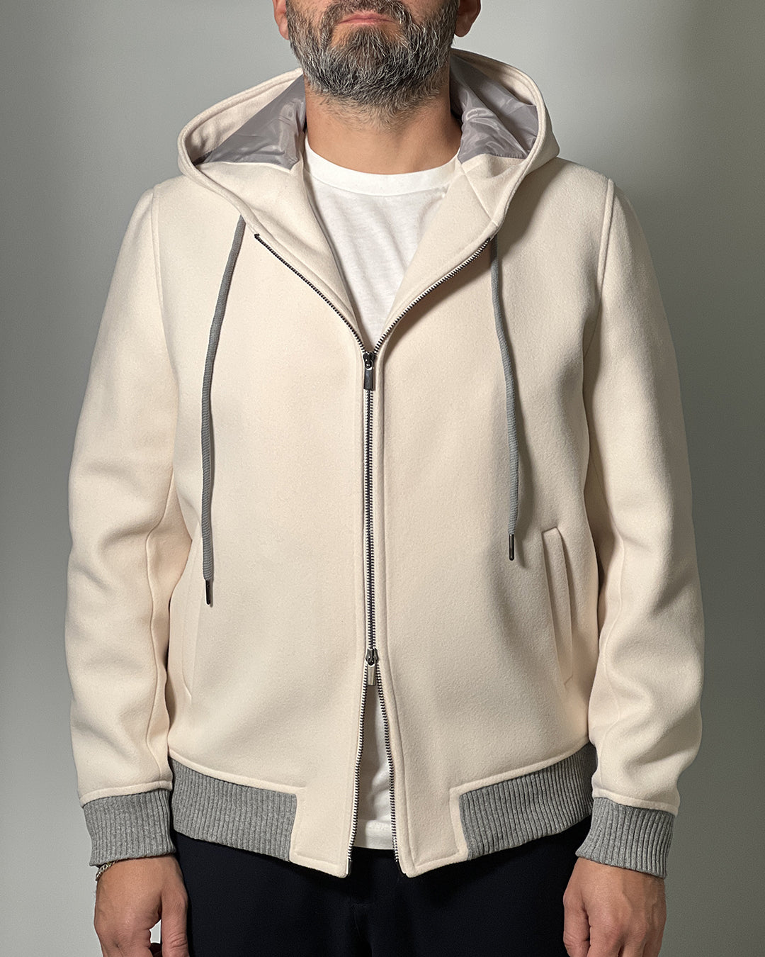 Giubbotto OVER/D color Panna con cappuccio e coste a contrasto - Full ZIP