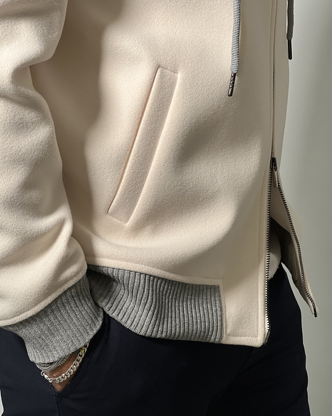 Giubbotto OVER/D color Panna con cappuccio e coste a contrasto - Full ZIP