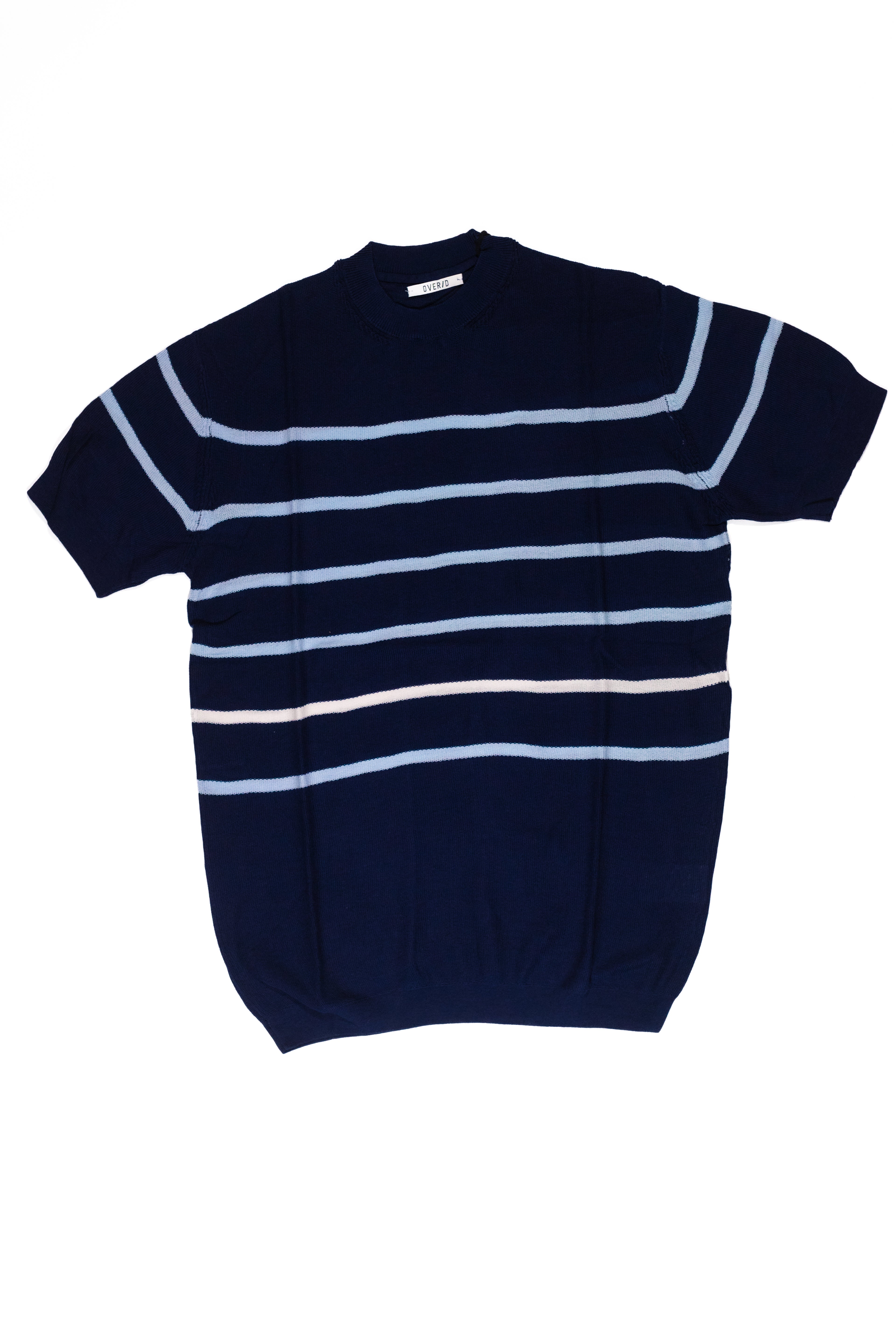 OVER/D Maglia Girocollo Mezza Manica a Righe Blu