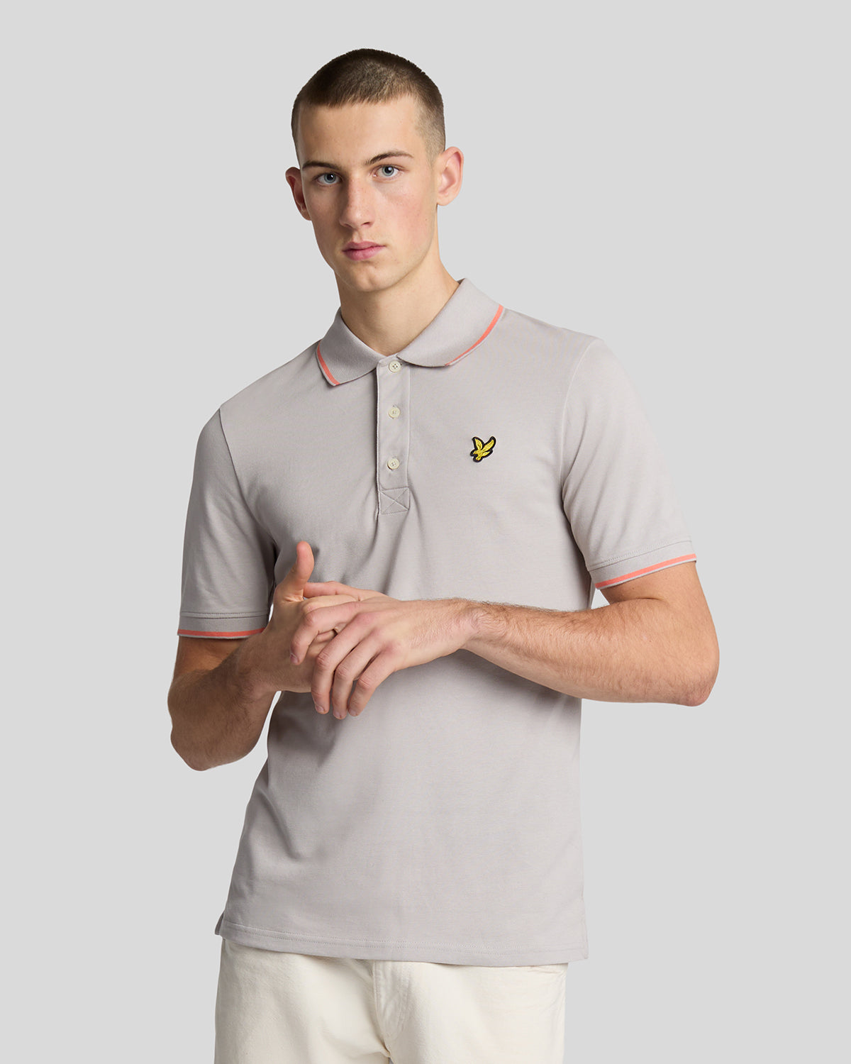 LYLE & SCOTT Tipped Polo Shirt Pale Grey/ Coral Stand