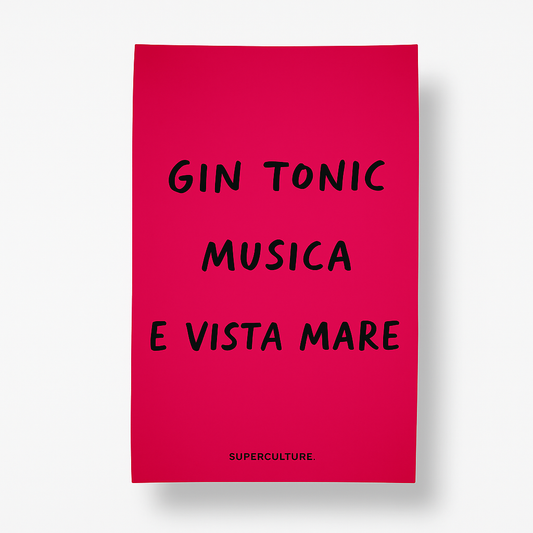 SUPERCULTURE Telo mare Fucsia in microfibra con stampa GIN TONIC MUSICA E VISTA MARE