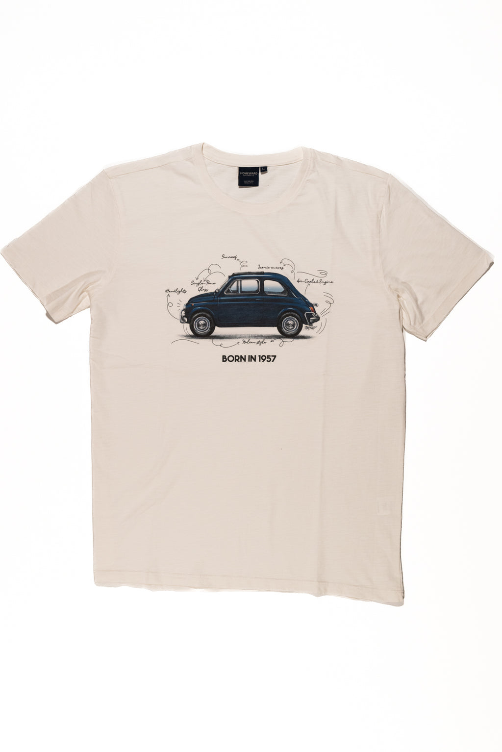 Homeward - T-shirt Uomo con Stampa Auto Fiat 500 "Born in 1957"