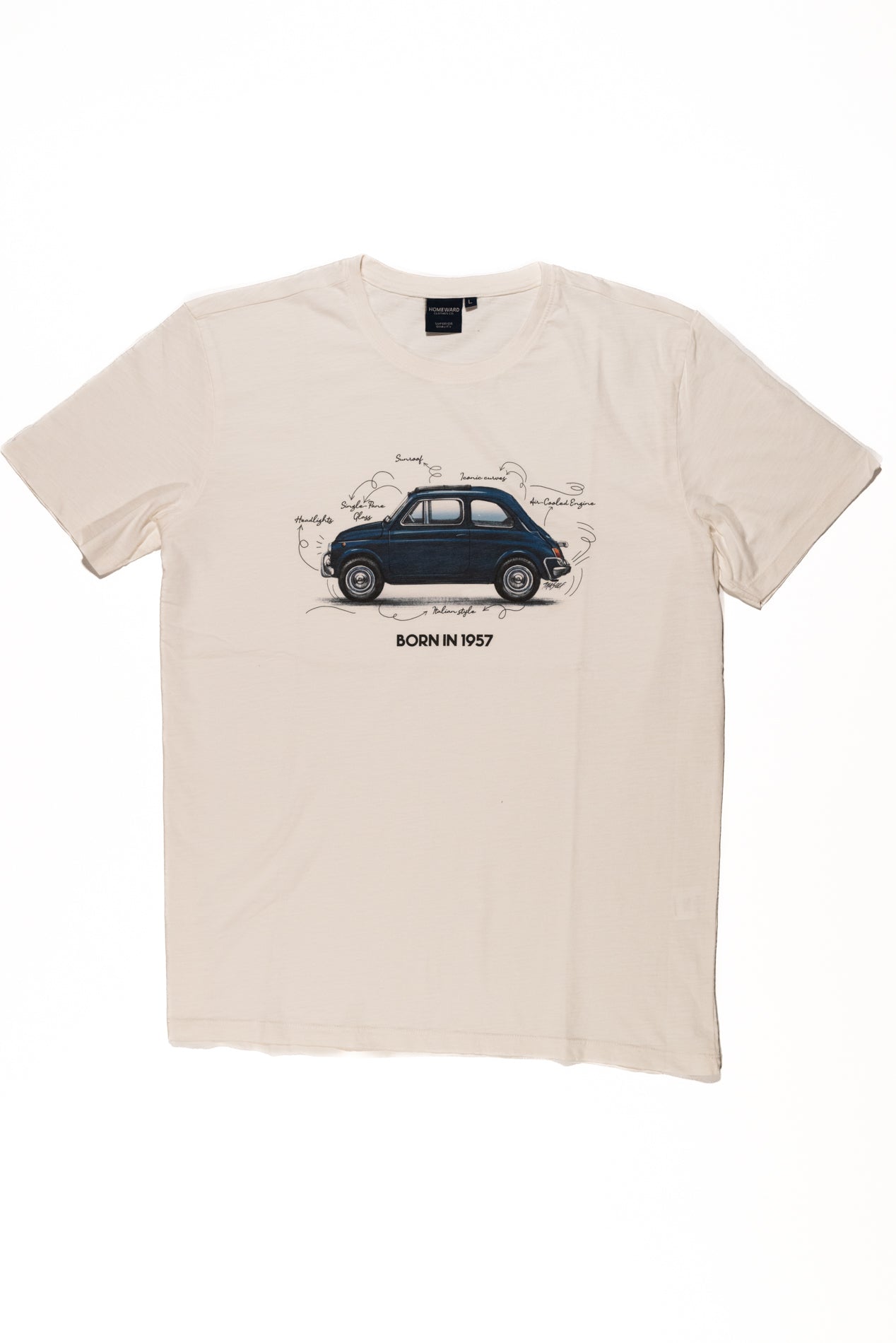 Homeward - T-shirt Uomo con Stampa Auto Fiat 500 "Born in 1957"