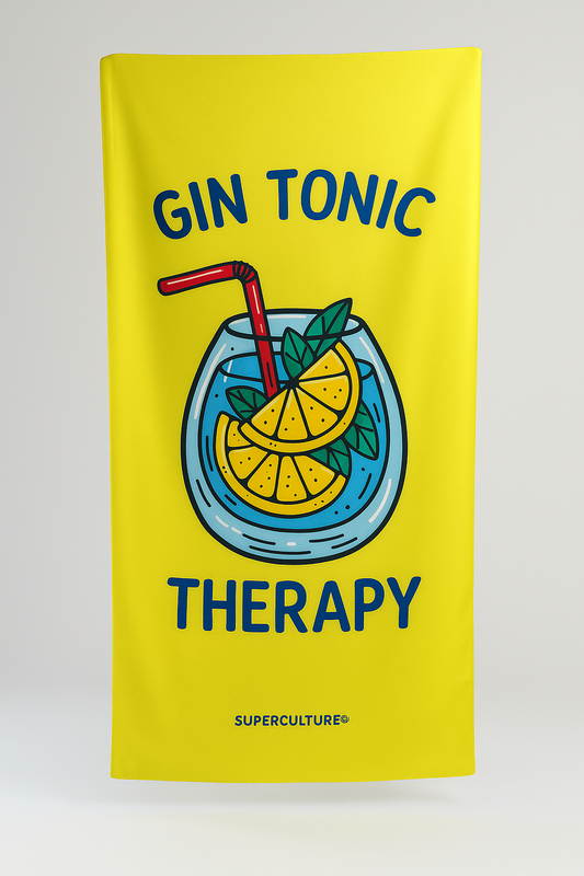 SUPERCULTURE Telo mare Giallo in microfibra con stampa GIN TONIC THERAPY