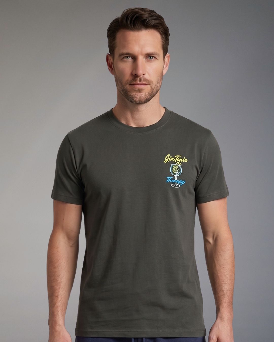 T-Shirt Superculture Verde Militare Uomo Ricamo Gin Tonic Therapy