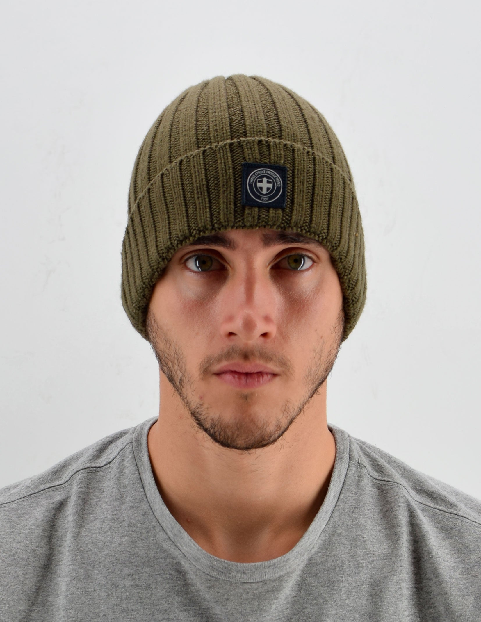 Berretto Three Stroke da uomo a costine in lana merino Verde Oliva Fjord